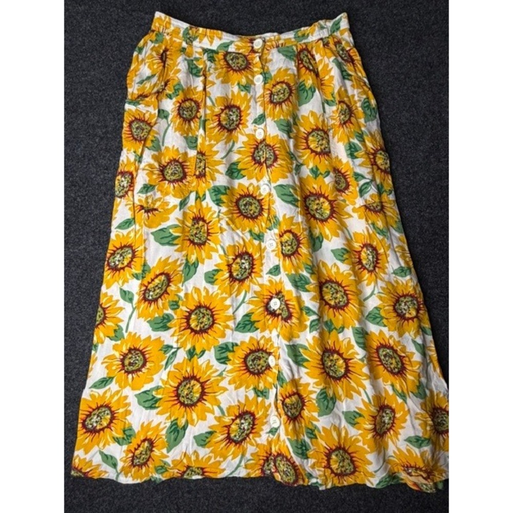 American Apparel Sunflower Print Button Front Midi Skirt Yellow White Size L